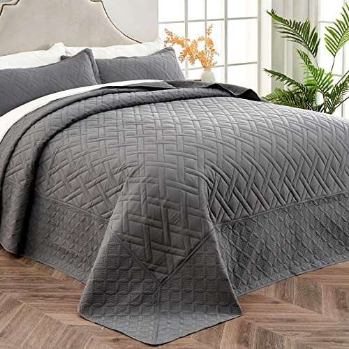 Qucover Übergroßes Tagesdecken-Set, leicht, dünn, Ultraschall-Steppdecke, Bettwäsche-Set mit Kissenbezügen (dunkelgrau, 325,1 x 304,8 cm)