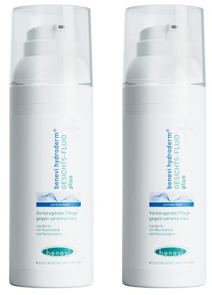 benevi hydroderm Gesichts-Fluid plus 2 x 50 ml für unreine, zu Akne neigende Haut ohne Entzündungszeichen. Leichte, lipidarme Pflege mit Milchsäure, Salicylsäure und Nicotinamid.