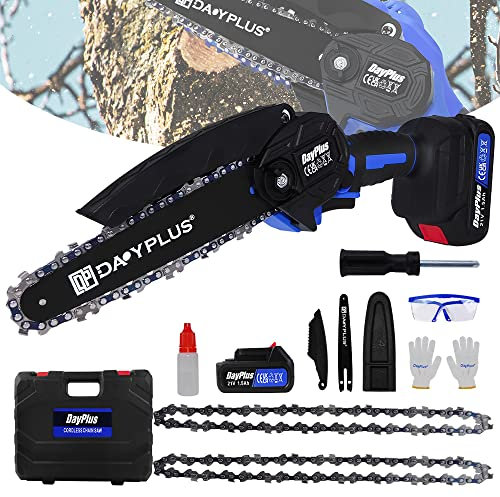 Akku Kettensäge 6 Zoll Mini Kettensäge mit Akku 1500mAh, 21V Akku Kettensäge Elektrische Handkettensäge für Bäume Gartenarbeiten Wälder, Bürstenlosem Motor Elektrische säge mit 2 Ketten