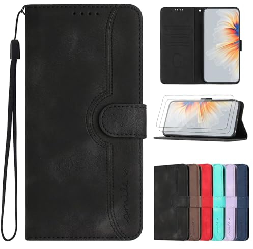 FMPCUON Hülle Kompatibel mit iPhone 6 Plus/7 Plus/8 Plus mit Panzerglas Schutzfolie *2,Tasche case Leder PU-Leder gehäuse Cover Etui,Schwarz