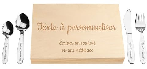 LAUBLUST Couverts pour Enfants gravés avec boîte - Cadeau personnalisée en Bois - Naturel - 4 pièces - Couverts de Table en Acier Inoxydable - Cadeau personnalisé (Gravure souhaitée)