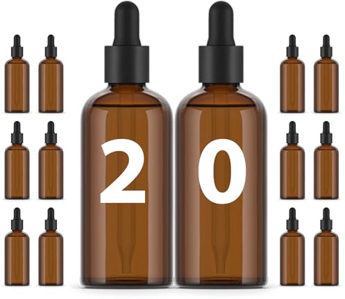 Essenciales 20 leere Tropfflaschen mit Pipette aus Glas, 100 ml, wiederbefuellbare Behaelter fuer Kosmetik, Labor und Aromatherapie