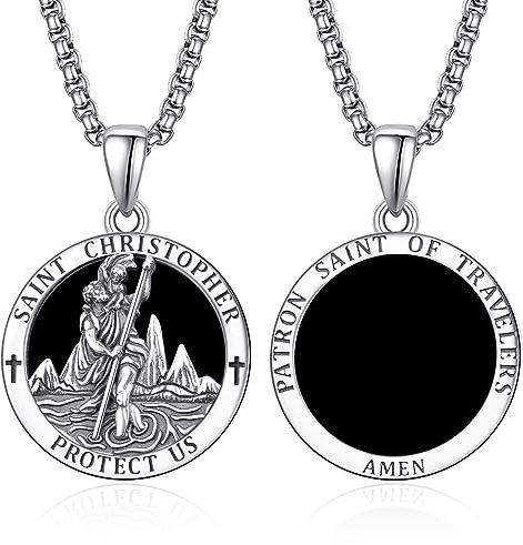 ADMETUS Onyx Heiliger Christophorus Kette Anhänger Sterling Silber St Christopherus Kette Herren Onyx St Christopher Halskette Schmuck Religiöser Geschenke