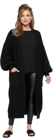 HUBIBUBI Ladies Oversized Long Cardigan Balloon Sleeve Chunky Ribbed Open Knitted Maxi Jumper Ladies Maxi Knitted Puff Sleeve 2 Pocket Cardigan Boyfriend Sweater Top UK Size 8-22 Black