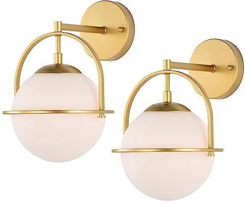 Alighting 2er-Set Wandleuchten in Gold mit 15 cm Milchglasschirm Mid Century Modern Wandlampen für Küche Flur Schlafzimmer Bad(keine Glühbirnen)