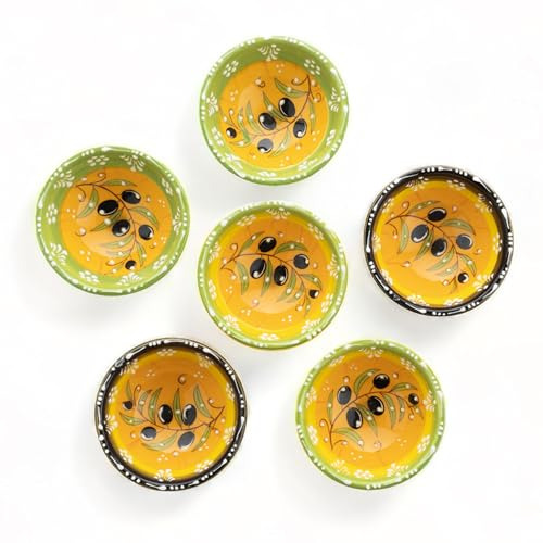 Elyese Set di 6 piccole ciotole in ceramica per salsa di soia, salumi fatti a mano, pizzico colorato, lavabile in lavastoviglie e adatta al microonde, mini 8,1 cm (ramo di olivo)