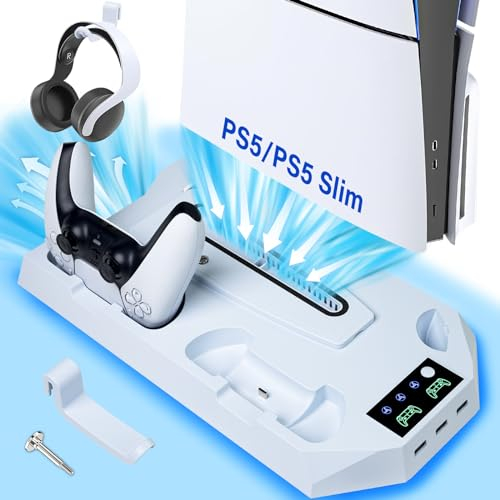 Sehawei Soporte PS5/PS5 Pro de Refrigeración,Base de Carga para PS5 Mando,Ventilador para PS5 Consola de 3 Velocidades con 3 USB HUB para PS5 Pro/PS5 Slim Disc & Digital/PS5 Disc & Digital