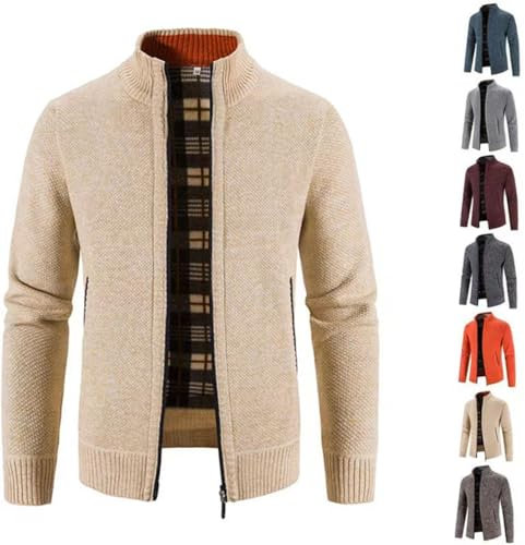 BAWUTZ Herren Strickjacke mit Reissverschluss,Warm Casual Stehkragen Strickjacke,Dicker Pullover,Wintermantel Cardigan mit Reißverschluß Street Style Winterjacke (Beige,XL)