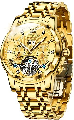 OLEVS Hommes Montre Squelette MéCanique Automatique Doré éTanche à Remontage Automatique en Acier Inoxydable Lumineux Tourbillon Montres De Luxe