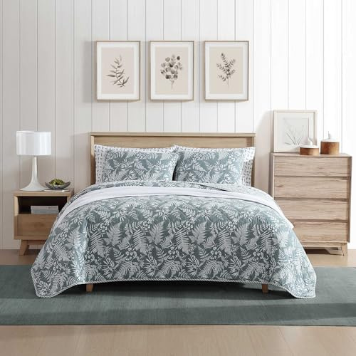 Eddie Bauer Queen-Bettwäsche-Set, wendbare Baumwoll-Bettwäsche mit passenden Kissenbezügen, Wildblumen-inspirierte Heimdekoration mit gestreifter Rückseite (Fern Garden Green, Queen)