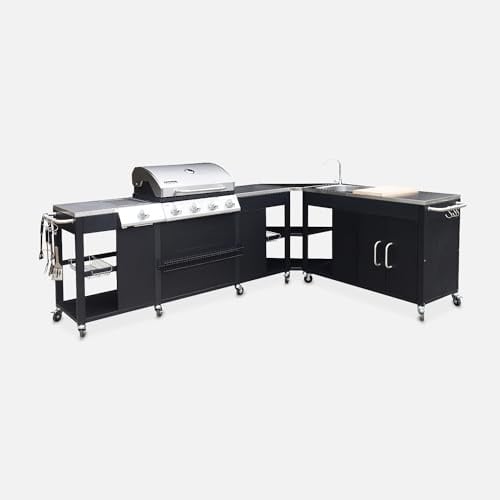 Cucina da esterno modulare con barbecue a 4 bruciatori, fuoco laterale, lavello e porta utensili, Rochefort, Nero, 247x187x112 cm
