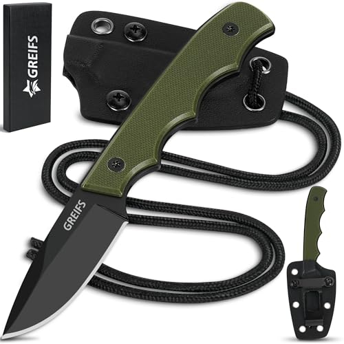 GREIFS® Neck Knife Messer NEXUS mit Kydex Scheide, Clip+Paracord zum Umhängen oder Einstecken, Tactical Survival EDC Outdoor Messer versteckt Tragen - Legal in Deutschland - 42a konform (Black-Olive)