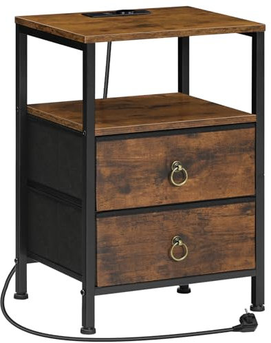 HOOBRO Nachttisch mit Ladestation, Beistelltisch mit 2 Stoffschubladen und offenem Regal, Nachtschrank mit USB und Steckdosen, für Wohnzimmer, Schlafzimmer, Vintagebraun und Schwarz EBF110CBZ01