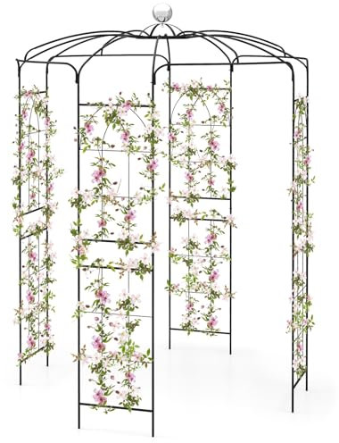 GYMAX Arco da Giardino a Forma di Gabbia per Uccelli, 286 x 206 cm Arco Resistente in Ferro con Gancio per Piante Rampicanti, Pergola da Esterno per la Decorazione di Matrimoni e Cerimonie, Nero