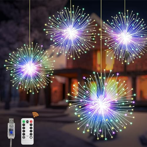 Ghirlanda di luci natalizie, confezione da 4 luci USB da appendere, 480 pezzi, 8 modalità, luci a sfera impermeabili in filo di rame, adatte per casa, Natale, Halloween, feste all'aperto (Colore)