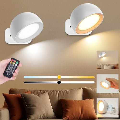 Lampada Parete Interno, 2PCS Applique LED Parete, Controllo Remote Modalità, 4 Livelli Luminosità , 4 Temperatura Colore, Ruotabile 360°, Lampada Parete LED Senza Fili (Bianco) per Camera, Soggiorno