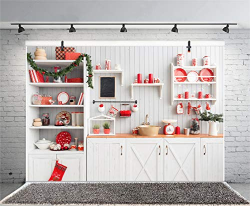 Xiaoterna 2,7x1,8m Invierno Navidad Cocina Fotografía Fondo Interior Guirnalda Armario Blanco Pared Fondo Vacaciones Colorido Vajilla Cocina Retrato Decoración Banner Atrezzo de Estudio Suministros