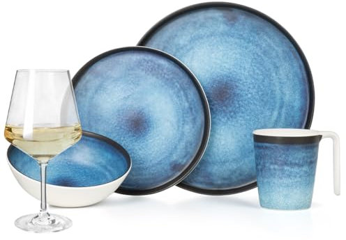 Melamin Camping Geschirr Set 4 Personen Deep Ocean + 4 Milano Weiß Weingläser Tafelgeschirr Picknick BBQ Kochgeschirr