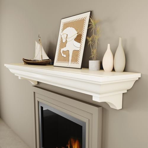 Chimenea rústica de 48 pulgadas con ménsulas arqueadas, capacidad de peso de 100 libras, repisa de madera natural para chimenea, chimenea para sala de estar (blanco)