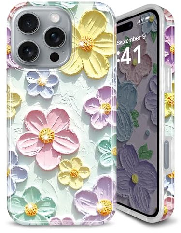 JIAXIUFEN Schutzhülle Handyhülle für iPhone 16 Pro Max Hülle Glitzer, Retro-Ölgemälde, Blumendesign, dünn, stoßfest, TPU, weiches Silikon, Minzfarben