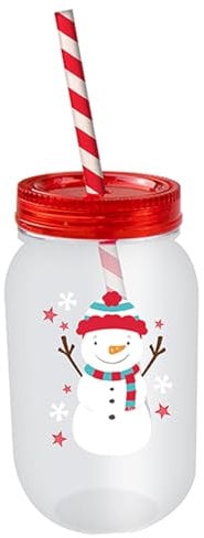 Widdle Gifts Christmas Mason Jar and Straw - Re-useable Sturdy Plastic Childrens Mason Jar (Snowman)