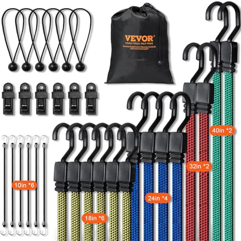 VEVOR 32Pcs Flat Outdoor Bungee Cord Assortment, 17 mm Heavy Duty Bungee Straps with Hooks, Includes 10, 18, 24, 32, 40, Elastic Straps with Portable Storage Bag, 6 Tarp Clips & Ball Bungy Cords