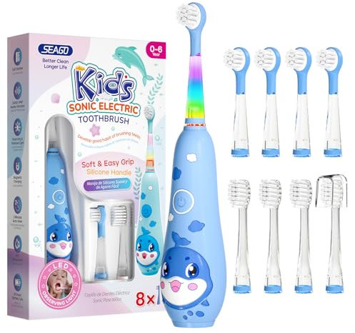 Seago recharge brosse a dent electrique enfant, brosse a dent bebe avec lumière LED 8 têtes, 60 jours d'utilisation, minuteur et étanche IPX7, pour 2 ans à 6 ans, SG2139, Bleu Foncé