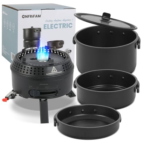 Camping Kochgeschirr Set für 2-4 Personen, 2 IN 1 Elektro und Gaskocher, Kombiniere 700W Elektrische & 2200W Gas, Camping Geschirr Campingkocher für Wohnmobil, Drinnen, Draußen (1 Topf + 2 Pfanne)