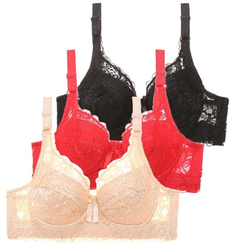 CSWH 3er Pack BHS Damen mit Bügel Push Up Sexy Spitzen-BH Frauen Starker Halt Große Brüste Klassische BH Set Bequemer Unterwäsche Bra mit Verstellbaren Trägern für Alltag