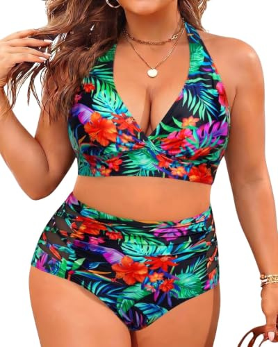 Yonique Women's Plus Size High Waist Bikini Swimwear Tummy Control Two Piece Swimsuits
