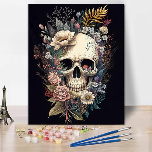 TISHIRON Malen Nach Zahlen Für Erwachsene Schädel mit Blumen, Malen Nach Zahlen Kits DIY Acrylmalerei Für Erwachsene Kinder Malen Nach Zahlen Abstrakte Kunsthandwerk, 16x20 Zoll(rahmenlos)