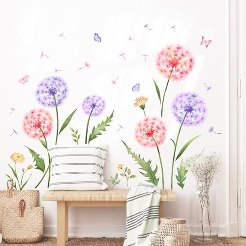 Supzone Adesivi Murali Fiori Decorazioni Muro con Dente di Leone Colorato, Motivo Naturale, Adesivi da Parete Autoadesivi Rimovibili per Soggiorno e Camera da Letto, Vetrofanie Primavera