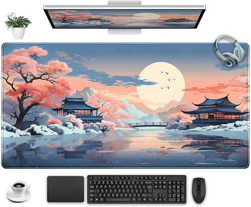 Kawaii Desk Mat Japan Desk Pad Extra Large Gaming Mouse Pad XXL, Computer Laptop Keyboard Pad Gamer Desk Setup, Pink and Blue Mouse Mats with Stitched Edges, Vintage Office Decor 31.5 x 15.7