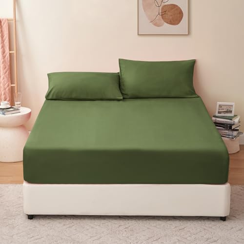 RUIKASI Spannbettlaken 180x200cm Olivgrün Bettlaken - Oeko Tex Spannbetttuch 180x200 Bettbezug, Mikrofaser Betttuch Bett Laken Bezug 180 x 200 40 cm Tiefe Tasche, Bed Fitted Sheet Bedsheet
