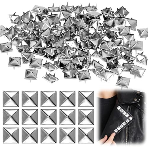 MBAIYO Lot de 100 rivets carrés en métal de 8 mm pour cuir, pyramides, rivets, bricolage, punk, clous argentés, pour sacs, cuir, vêtements, gants