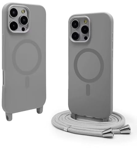 SLWYF Magnetische Handykette für iPhone 12 Pro Max Hülle mit Band, Handyhülle Kompatibel mit MagSafe, Silikon Seil Necklace Handyhülle PU Stoßfest mit Abnehmbar Kordel zum Umhängen Case - Grau