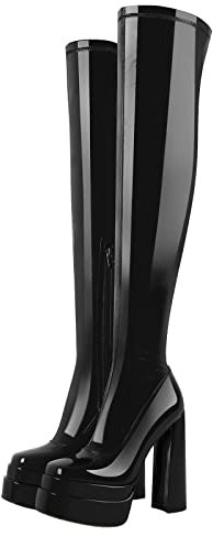blingqueen Stivali sopra il ginocchio elasticizzati da donna con plateau tacco a blocco, Nero , 43 EU