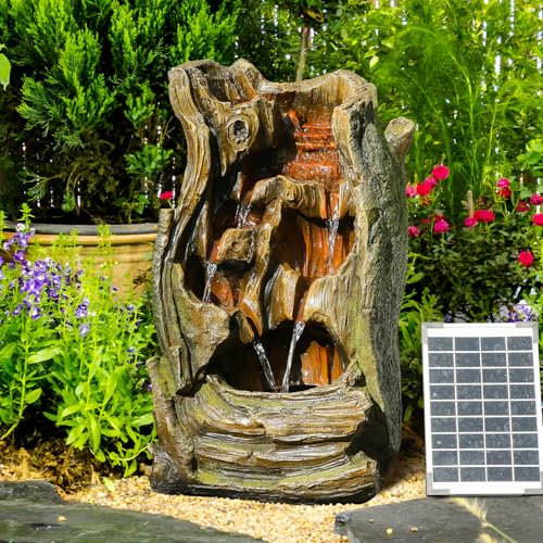 Bumilgar 62CM Tree Stump Solar Garden Water Features Outdoor, Wood-style Garden Fountains and Waterfalls with Light, Pump for The Patio, Deck, Porch, Backyard Home Décor, Brown&Green