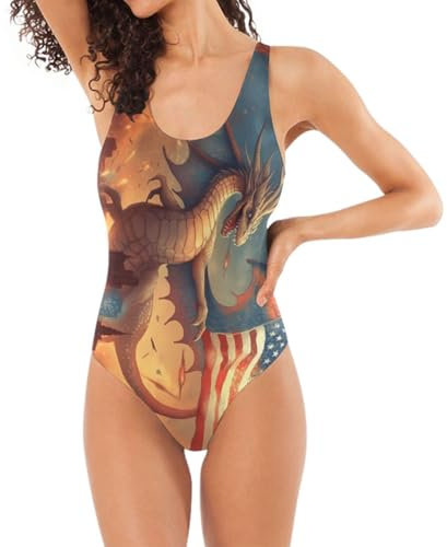 Costume da bagno intero da donna vintage con bandiera americana, costume da bagno con schiena bassa, costume da bagno con controllo della pancia, Drago Bandiera Americana Vintage, M
