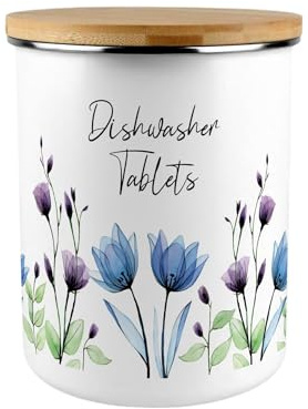 Blooming Lovely Flowers Dishwasher Tablets Canister - Blue & Purple Floral Extra Large Enamel Kitchen Storage Container Gift