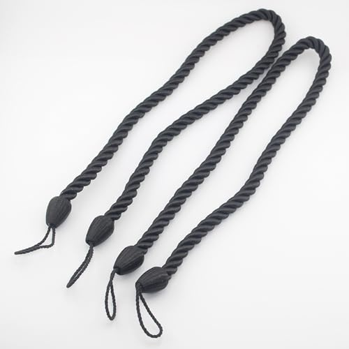ACCESSOIRES LEDUC Embrasses à Rideaux Décoratifs en Corde Tressée, Noir, 65 cm x 10 mm, Lot de 4 Cordons pour Attache et Décoration de Rideaux, Noir