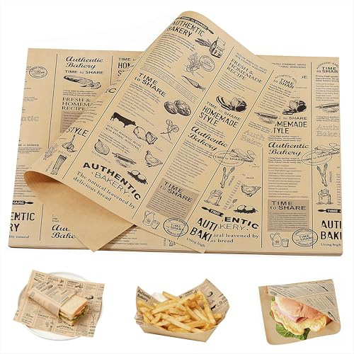 Greaseproof Paper Sheets 100 Pcs Burger Wrapping Oil Proof Papers Food Basket Liners Old Newspaper Printing Style for Bread Sandwich Burger Fries 11.0 x 14.9inch