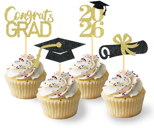 24 Stück Glitzer 2026 Graduation Cupcake Toppers | Abschlussfeier Cupcake toppers, Bachelor Hut Deko, Abschluss Deko für Graduation Abschlussparty Dekoration in Schwarz & Gold
