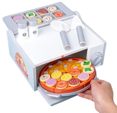 Cushangty Wooden Pizza Oven Toy Set - Hand-Eye Coordination Educational Activity - Pizza Counter Wooden Playset - for Christmas Birthday Holiday Party