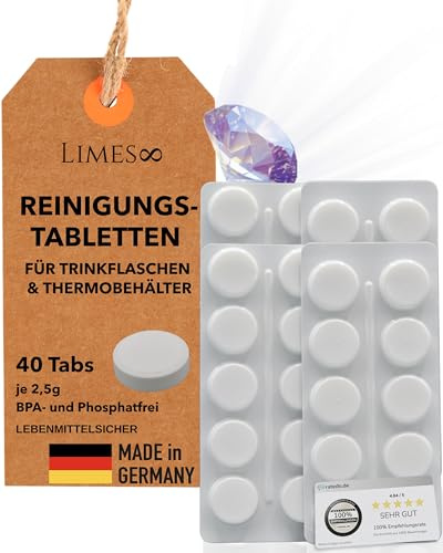 Limes 8 Tablettes de nettoyage puissantes pour gourdes, formule 60 % plus forte, 40 tablettes biodégradables, fabriquées en Allemagne – Pour acier inoxydable, verre, plastique – Propreté et fraîcheur