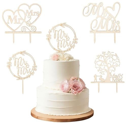 4 Stück Cake Topper Hochzeit Mr & Mrs Tortendeko Hochzeit,Buchstaben Holz Cake Topper,Hochzeitstorte Deko Tortenstecker für Hochzeitstorten,Tortenstecker Hochzeitsfeier Jubiläum Verlobung Antrag