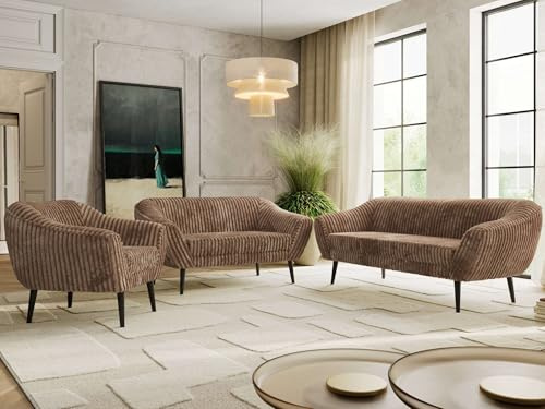 MKS MEBLE Sofagarnitur PIRS 3 + 2 + 1 - Couchgarnitur im skandinavischen Design, Gesteppte Polsterung, Wellenfederung, Wohnzimmer Sofa Set - Schwarze Beine, Braun Cord