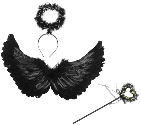 PACKOVE Conjunto de Alas y Tocado de Ángel para Niña Plumaje Negro, Cómodo y Fácil de Poner, Adecuado para Disfraces y Actuaciones en Escenario