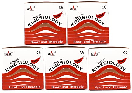 Nasara Original Kinesiologie Physio Tape für Sport und Medizin, Rollengröße 5cm x 5m, 5 Rollen, Rot