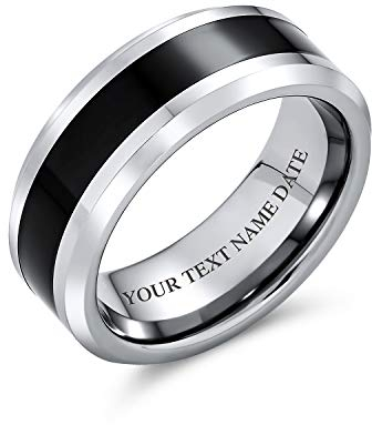 Bling Jewelry Personalisierter einfacher zweifarbiger schwarzer Mittelteil-Paarring aus Titan mit abgeschrägter Kante 8MM individuell graviert